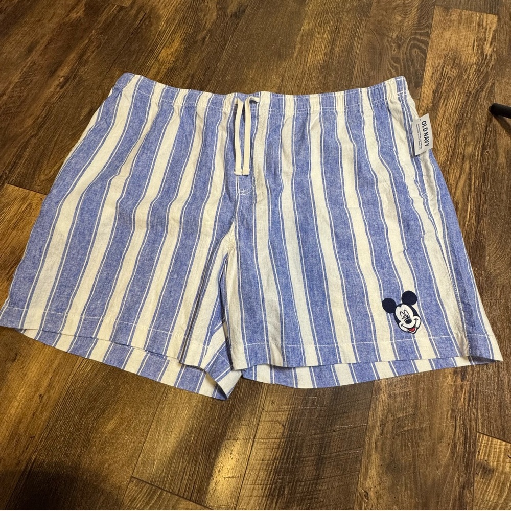 Old Navy Disney Shorts Mens XXL White Blue Linen Blend Mickey Mouse Cruise Beach
